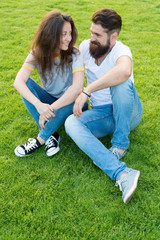 life together. romantic couple having fun together. summer relax in park. couple in love. valentines day. cute girl and bearded man hipster on green grass. perfect date. family weekend