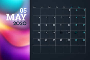 Calendar 2020, Month May, desk calendar design template with place for company logo. A4 horizontal orientation