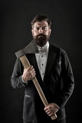 Resoluteness concept. Decision was made. Man brutal hipster with axe. Sharp ax hand confident guy....