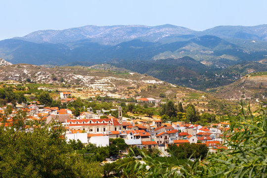 Cyprus, view to the village of Omodos is the Monastery of the Holy cross and the Troodos mountains