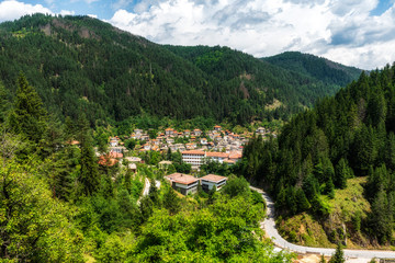 Panoramic view over village Shiroka Laka in Bulgaria, Smolyan region