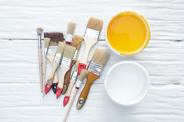 Paintbrushes and a cans of paint on a white board background.