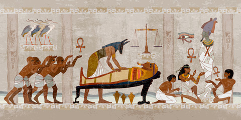 Ancient Egypt. Mummification process. Concept of a next world. Anubis and pharaoh sarcophagus. Egyptian gods, mythology. Hieroglyphic carvings. History wall painting, tomb King Tutankhamun