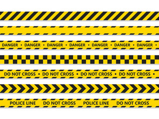 Crime line tape. Police danger caution vector yellow barrier. Not cross security line