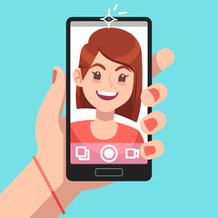 Woman selfie. Beautiful girl taking self photo face portrait on smartphone. Phone camera addiction cartoon vector concept