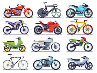 Fototapeta na wymiar Motorbike set. Motorcycles and scooters, bikes and choppers. Speed race and delivery retro and modern vehicles flat vector collection