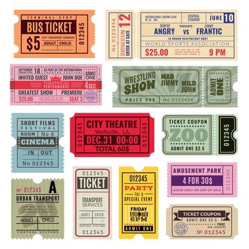 Vintage tickets. Hand ticket of circus, cinema and concert party. Old paper voucher, travelling cruise raffle coupon. Vector templates