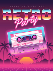 Cassettes poster. Retro disco party 80s, 90s banner, vintage audio cassette club flyer, festival invitation cover. Vector background - obrazy, fototapety, plakaty