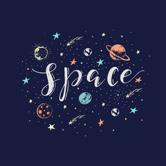 Naklejka premium Space illustration with lettering and planets vector