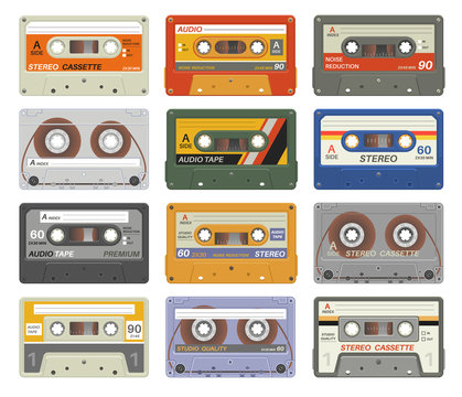 Retro cassettes. Colorful plastic audio cassette vintage media device music technology tapes stereo record images eighties. Vector set