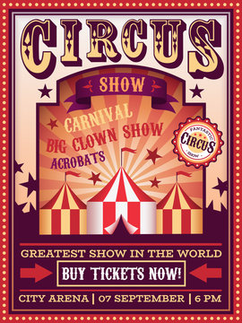 Circus poster. Traveling circus with tent carnival festival magic show banner, retro invitation party flyer vector design