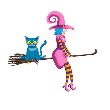 Cute young witch flying on a broom with a blue cat. Decorative element character Halloween holiday. Vector image.