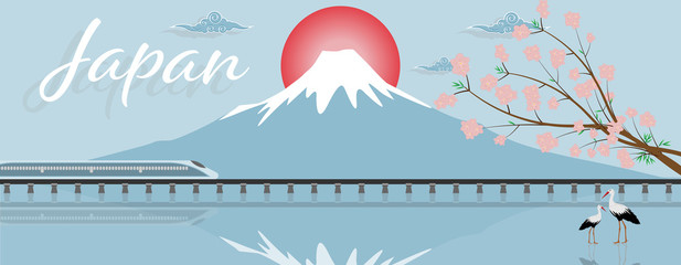 Panorama travel postcard, tour advertising of of Japan. Vector illustration.