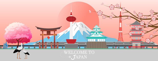 Fototapeta premium Panoramiczna pocztówka podróżna, reklama wycieczek po Japonii. Ilustracji wektorowych.