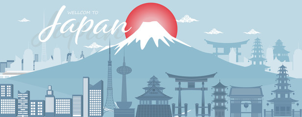 Panorama travel postcard, tour advertising of of Japan. Vector illustration.
