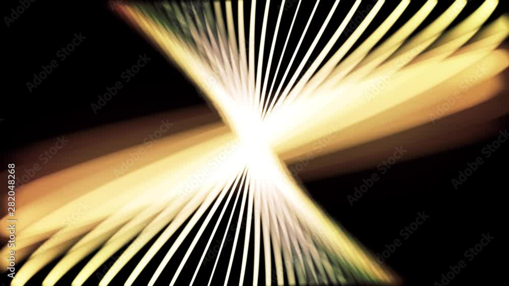 Poster abstract yellow neon lines twisting in a spiral tunnel on black background, seamless loop. animation