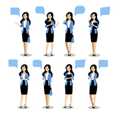 Obraz premium Young business woman set in different poses. Vector flat illustration. Female cartoon characte, isolated design elements