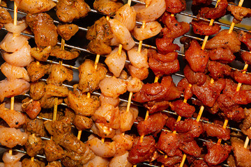 lot skewers wooden slice of meat chicken flavored hot asia style background pattern