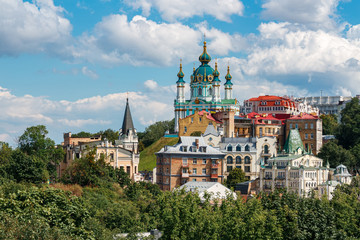 Famous St. Andrew or Andriivska Church on Andriyivsky descent, historical district of Kyiv city in Ukraine
