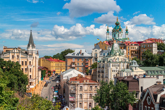 Andrew descent, Andriyivski uzviz with ancient buildings and famous St. Andrew or Andriivska Church, historical district of Kyiv city in Ukraine