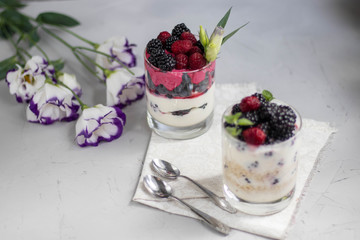 Healthy nutrition Dietary desserts. Glasses are filled with cottage cheese cream, in them chia seeds, raspberries, blueberries, blackberries. Near for background flowers.