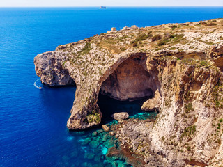 Blue Grotto in Malta island of birds. Aerial top view
