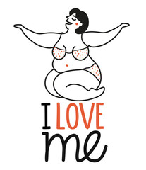 Vector illustration with smiling woman in swimsuit and lettering text - I love me.