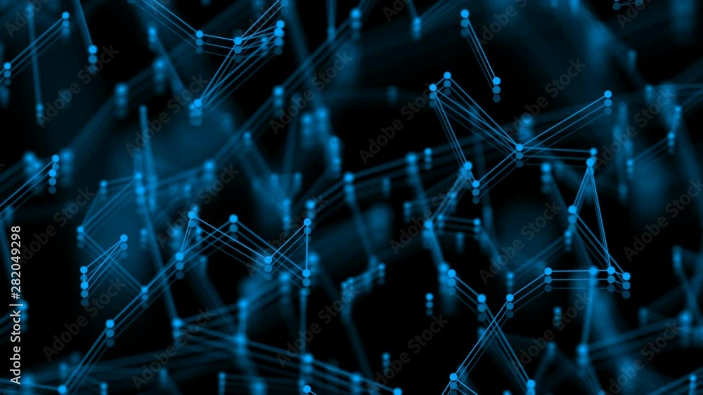 Poster dark background, rotating blue gradient glow light mesh cloud of neuron-like connections with dots. 