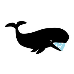 Vector illustration with black whale and a lot of blue plastic elements in his mouth.