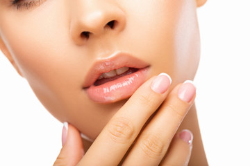 Close up beautiful  Lips. Beauty Fashion woman lips with natural Makeup. shine lipstick. isolated....