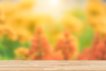 Naklejka na ściany i meble Empty wooden desk of free space and spring time with blurred background of home garden for a catering or food background,Template mock up for display montages of product.