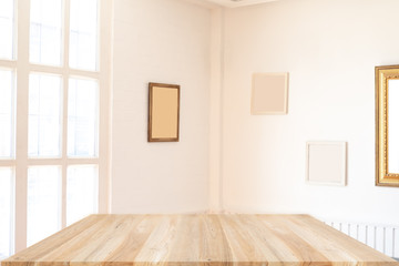 Empty wooden table and window room interior decoration background, product montage display,can be used for display or montage your products.Mock up for display of product.