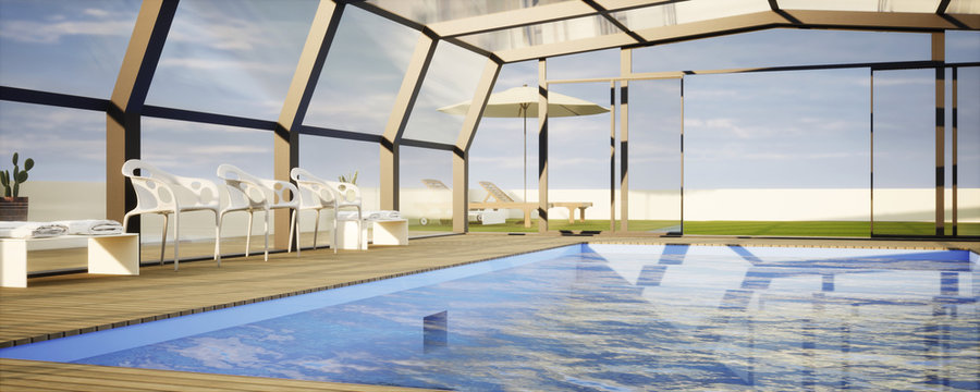 vue 3d abri de piscine et terrasse bois 02