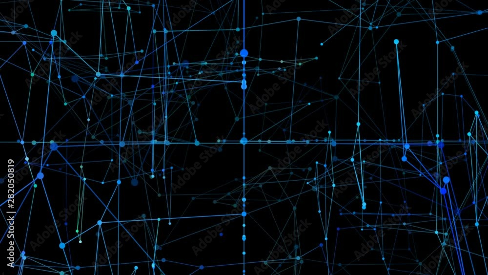 Poster twinkling floating defocused plexus particles blue. elegant light graphic art pattern on black backg
