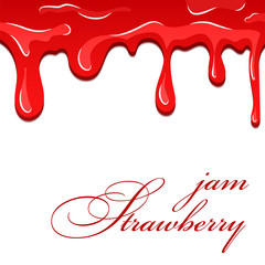 Strawberry flowing jam. Dripping strawberry sweet dessert, isolated white background. Candy caramel texture. Melt red sause liquid. Berry syrup confiture delicious. Cartoon design. Vector illustration