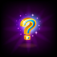 Gold-blue question mark slot icon with sparkles for online casino or mobile game, vector illustration on dark purple background.