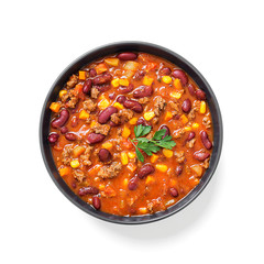 Traditional mexican dish chili con carne with minced meat and red beans. isolated on white...
