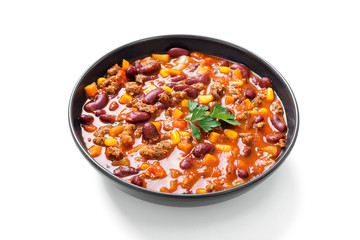 Traditional mexican dish chili con carne with minced meat and red beans. isolated on white...