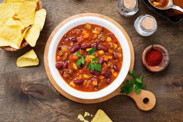 Traditional mexican dish chili con carne with minced meat and red beans. 