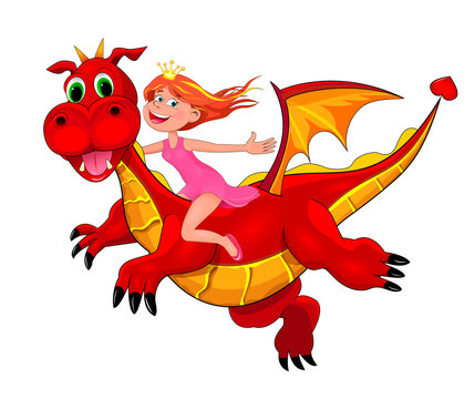 Little princess and red dragon. Little joyful girl sits astride a red dragon. Girl and flying dragon