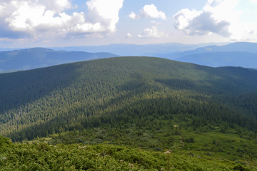 Fototapeta na wymiar Panoramic view from Hoverla, Carpathian mountains, Ukraine. Horizontal outdoors shot