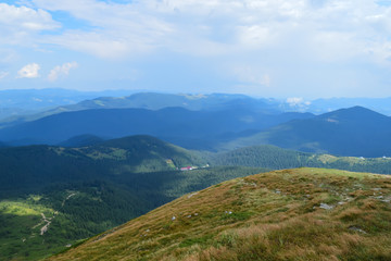 Fototapeta na wymiar Panoramic view on way to Hoverla, Carpathian mountains, Ukraine. Horizontal outdoors shot