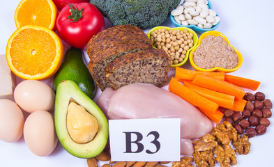 Nutritious products containing vitamin B3 (PP, niacin) and other natural minerals, concept of healthy nutrition. White background.