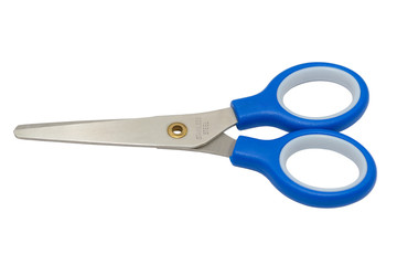 Scissors with a blue handle on a white background