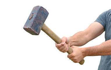 Hit and destroy concept. Strong man's hands with a sledgehammer isolated on white. - obrazy, fototapety, plakaty