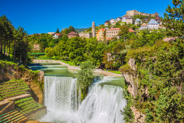 Bosnia and Herzegovina - Jajce - The beautiful panorama of nice city, its fortress, the river and the famous Pliva waterfall