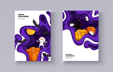 Happy Halloween 3d papercut layered design. Mummy, pumpkin, bat, castle, ghost, moon. Set of banners, flyers, posters with multilayered effect. Vector illustration A4