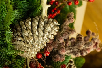 seasonal design december festive pinecone large snow-covered holly berries copy space christmas...