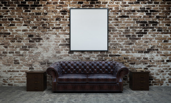 Loft living room interior design and brick wall texture background and picture frame