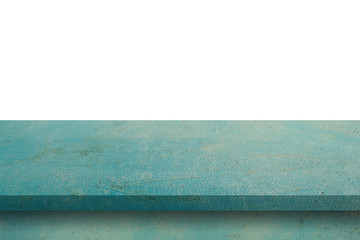 Empty blue wood table on isolate white background and display montage with copy space for product.